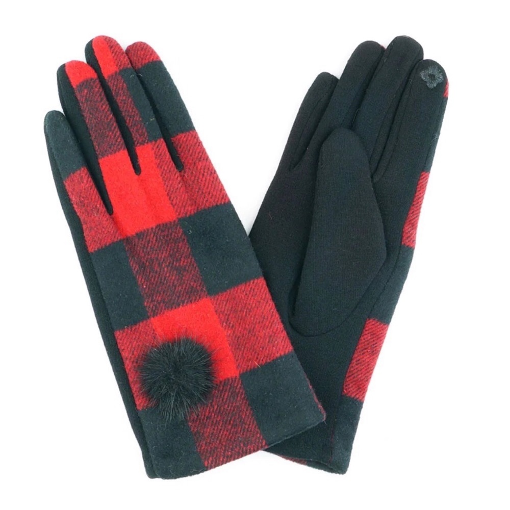 1 LEFT Buffalo Plaid Gloves With Pom Pom Women's Cute Buffalo Smart Touch Gloves - Picture 2 of 3